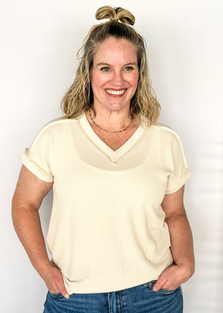 Ribbed V-neck top in cream