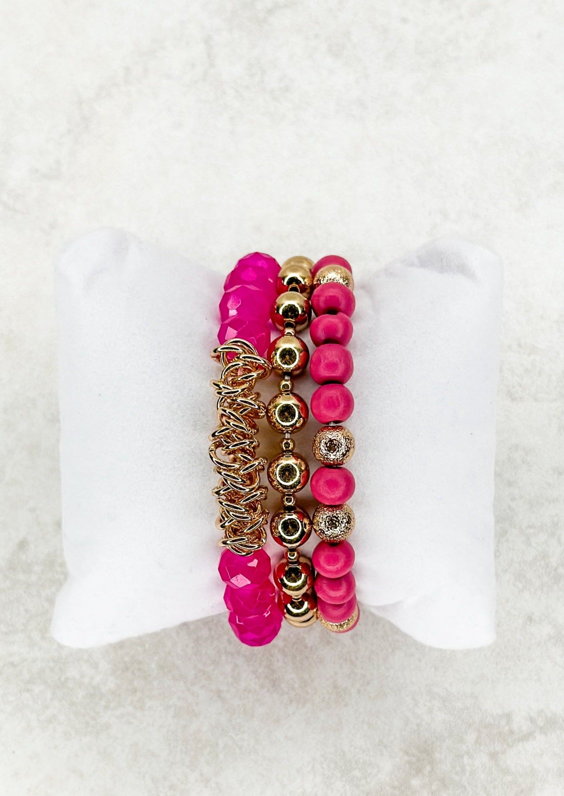 hot pink and gold 3 strand stretch bracelet set