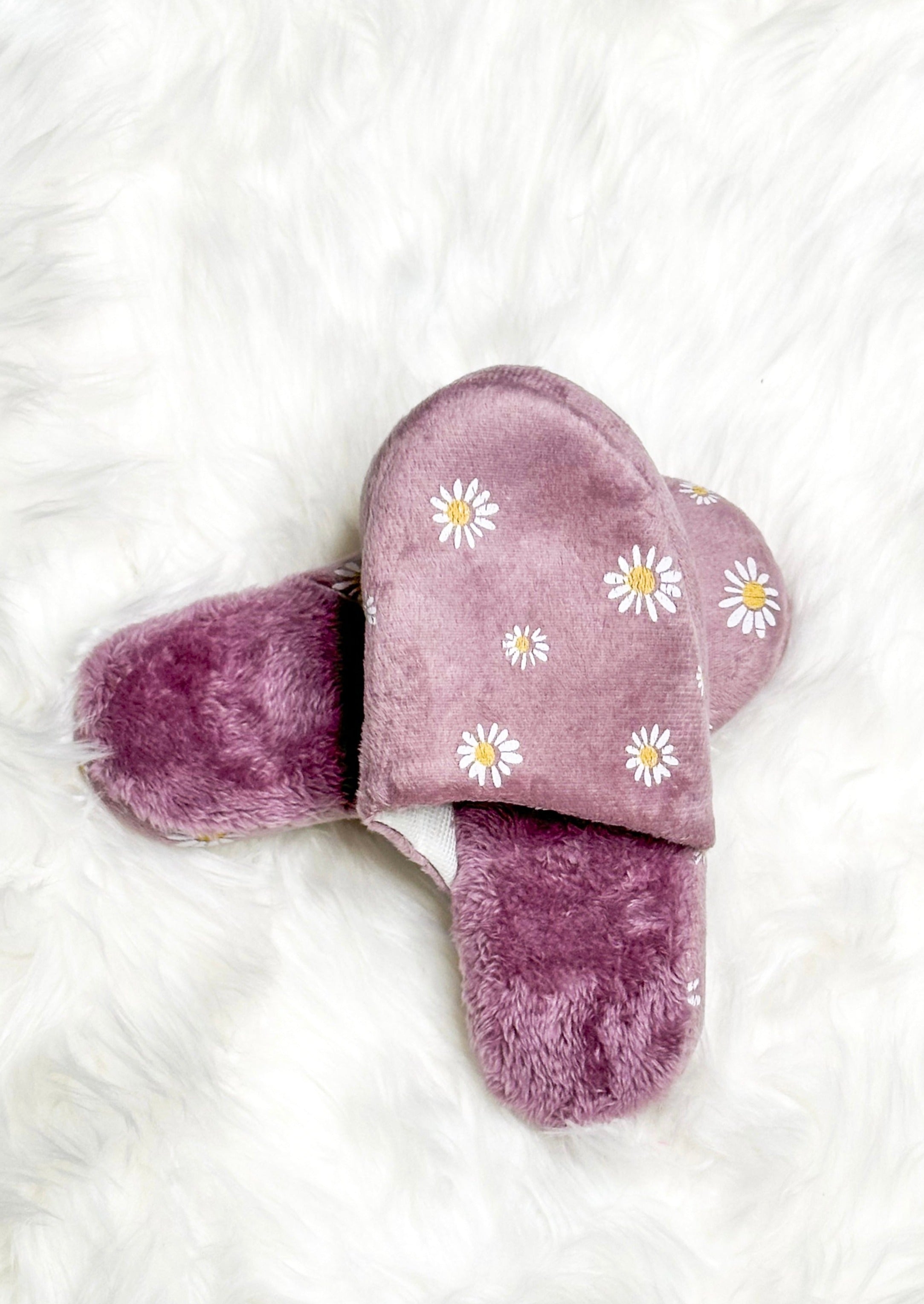 fuzzy slip on slippers with daisies on the top - light purple