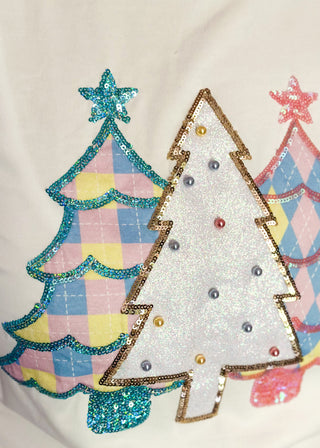 Short sleeve top with iridescent sequin sleeves and pastel sequin Christmas tree appliqués on the front.