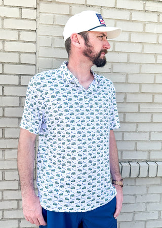men's performance short sleeve polo with gators and golf club print on a white background