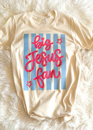 short sleeve Graphic Tee with "big Jesus  fan" 