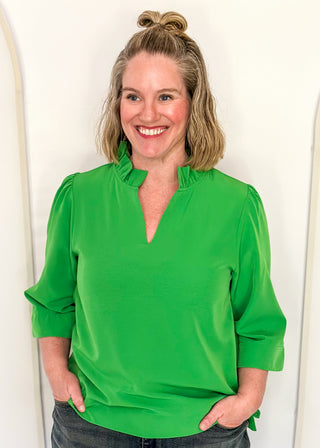 Women's ruffle collar blouse with 3/4 sleeve- in kelly green