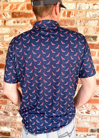 Patriotic eagle patterned men's short sleeve performance polo.