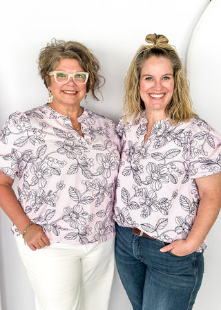 floral embroidered short puff sleeve top - v-neck -pink w/navy embroidery 