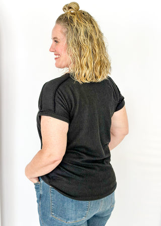 Ribbed V Neck top in black 