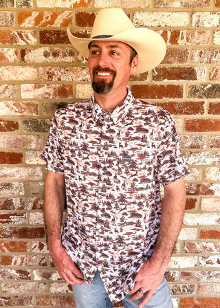 Burlebo men's short sleeve button-up with desert landscape print