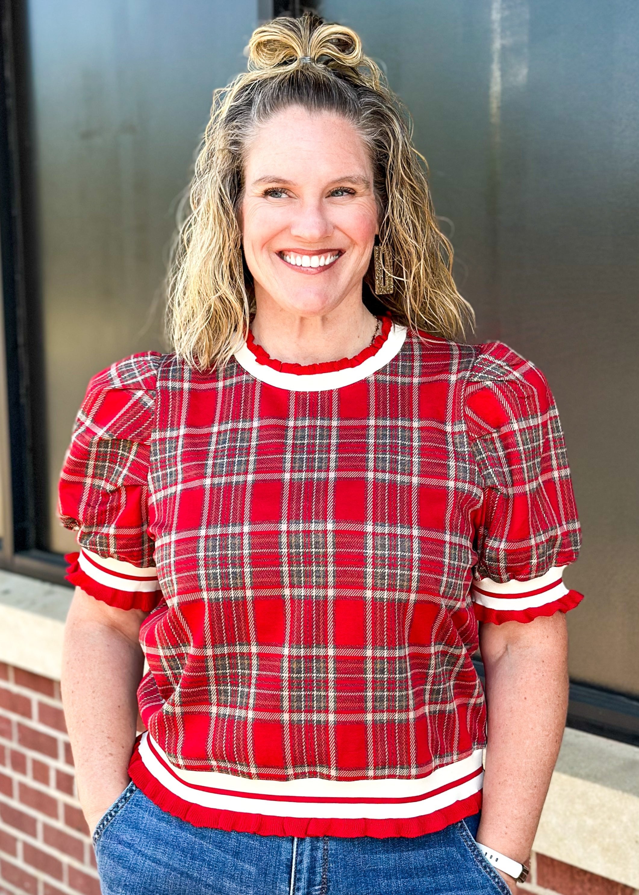 red, cream, gray plaid short puff sleeve sweater - cream trim around bottom, sleeves and collar with red ruffle