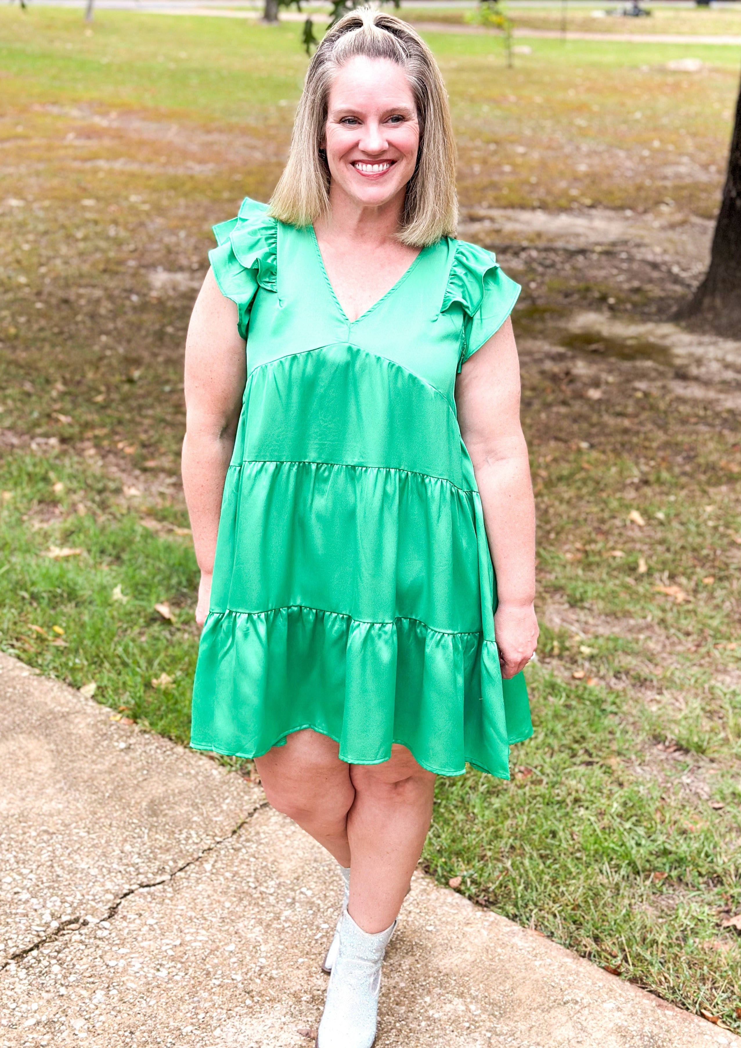 Satin Green Tiered Dress