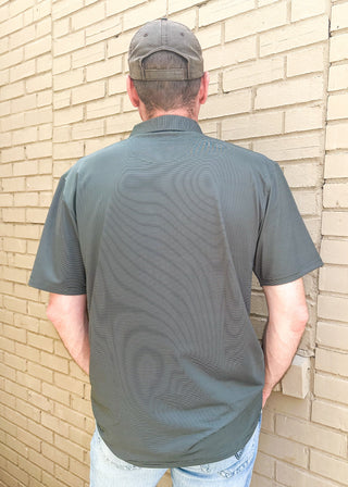 Men's moisture wicking performance button up polo in dark green and white stripes