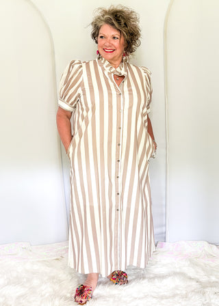 Vertical stripe midi dress with puff sleeves and front buttons
