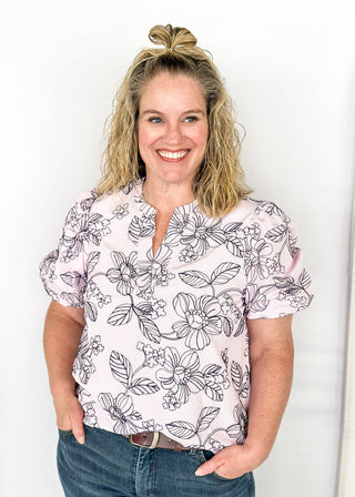 floral embroidered short puff sleeve top - v-neck -pink w/navy embroidery 