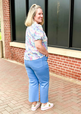 judy blue high rise tummy control wide leg crop jean in sky blue with an unfinished hem