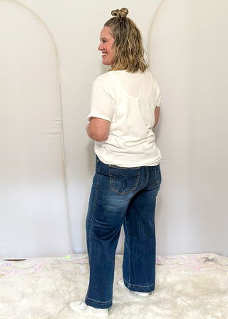 Judy Blue high-waisted ankle jeans in a classic dark wash denim.