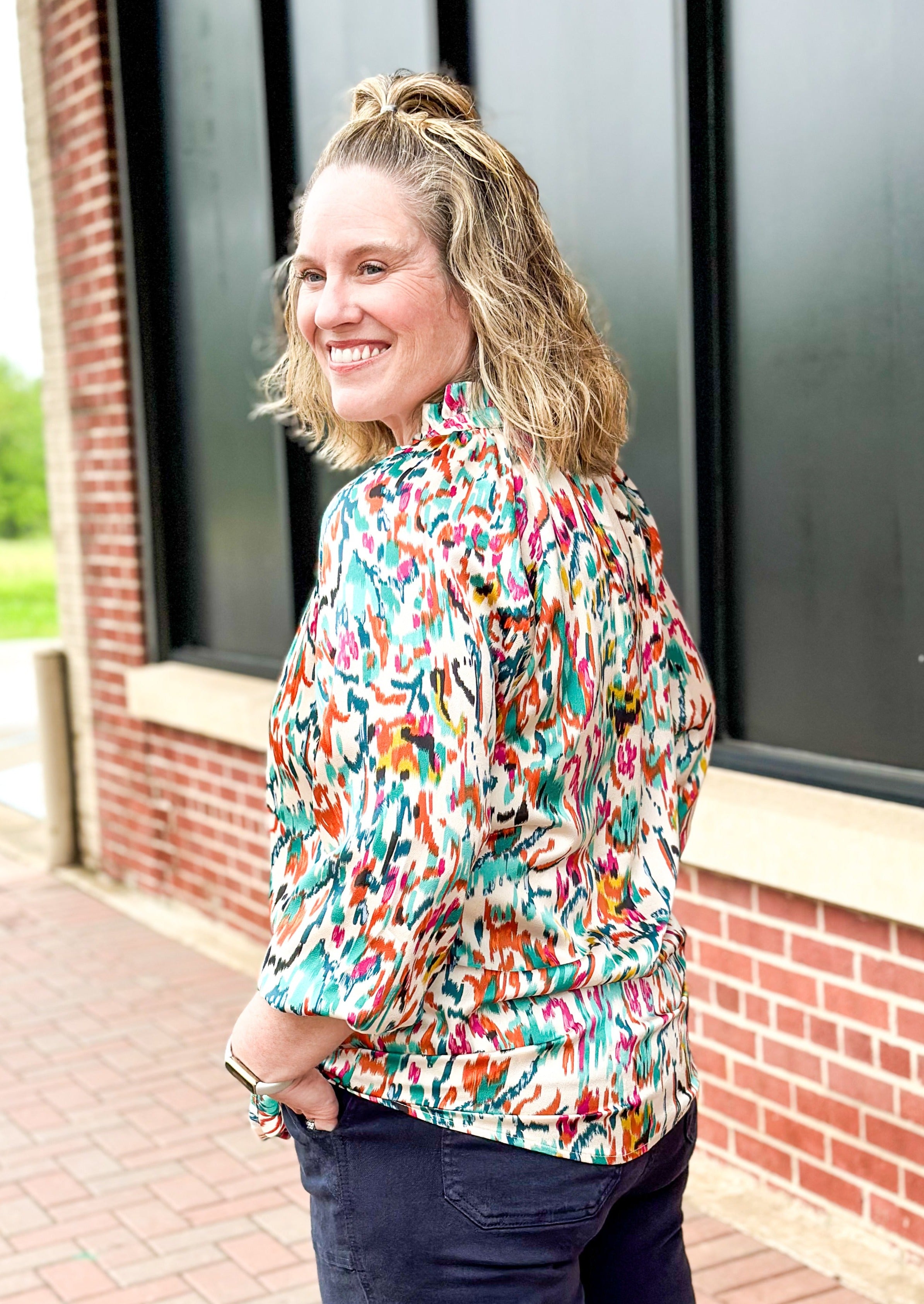 Button Down abstract print top on off white base - ruffle v-neck with tie - 3/4 sleeve with elastic - Navy, fuschia, orange, navy teal
