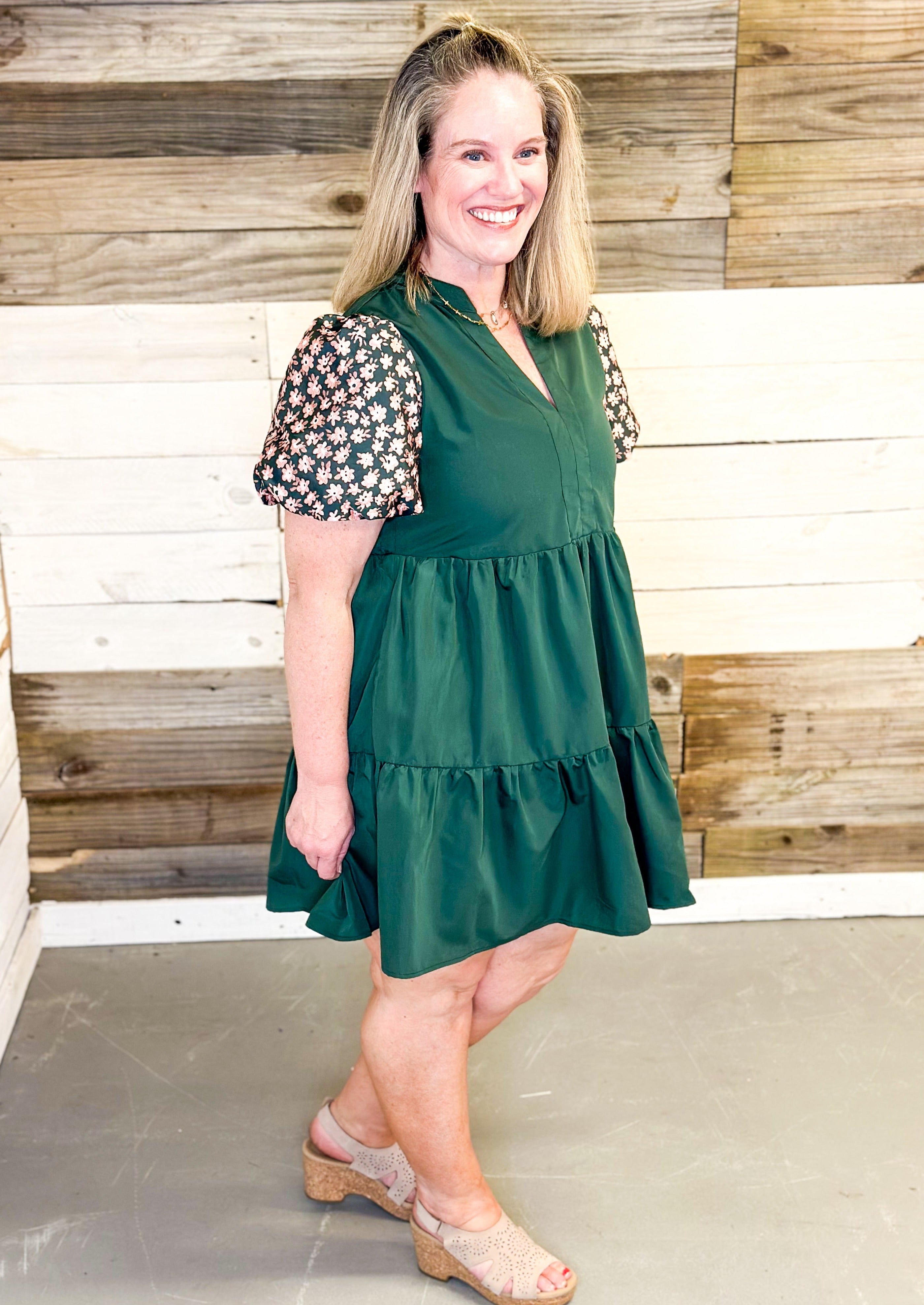 hunter green tiered dress with v-neck and pockets - flower embroidered puff sleeves in pink