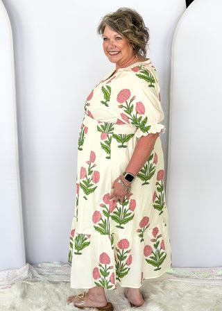cream maxi dress with pink hydrangeas - short sleeve with ruffle and elastic - smocked waist - bottom ruffle 