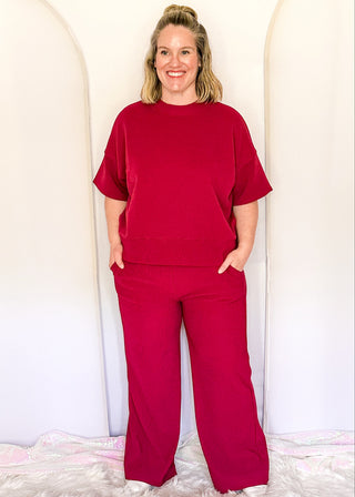 Two piece ribbed outfit in Cabernet featuring boxy top and wide leg pants