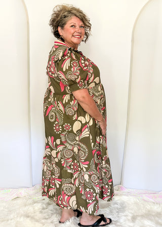 floral midi short sleeve dress with v-neck, olive background, pockets, pink and cream abstract floral print