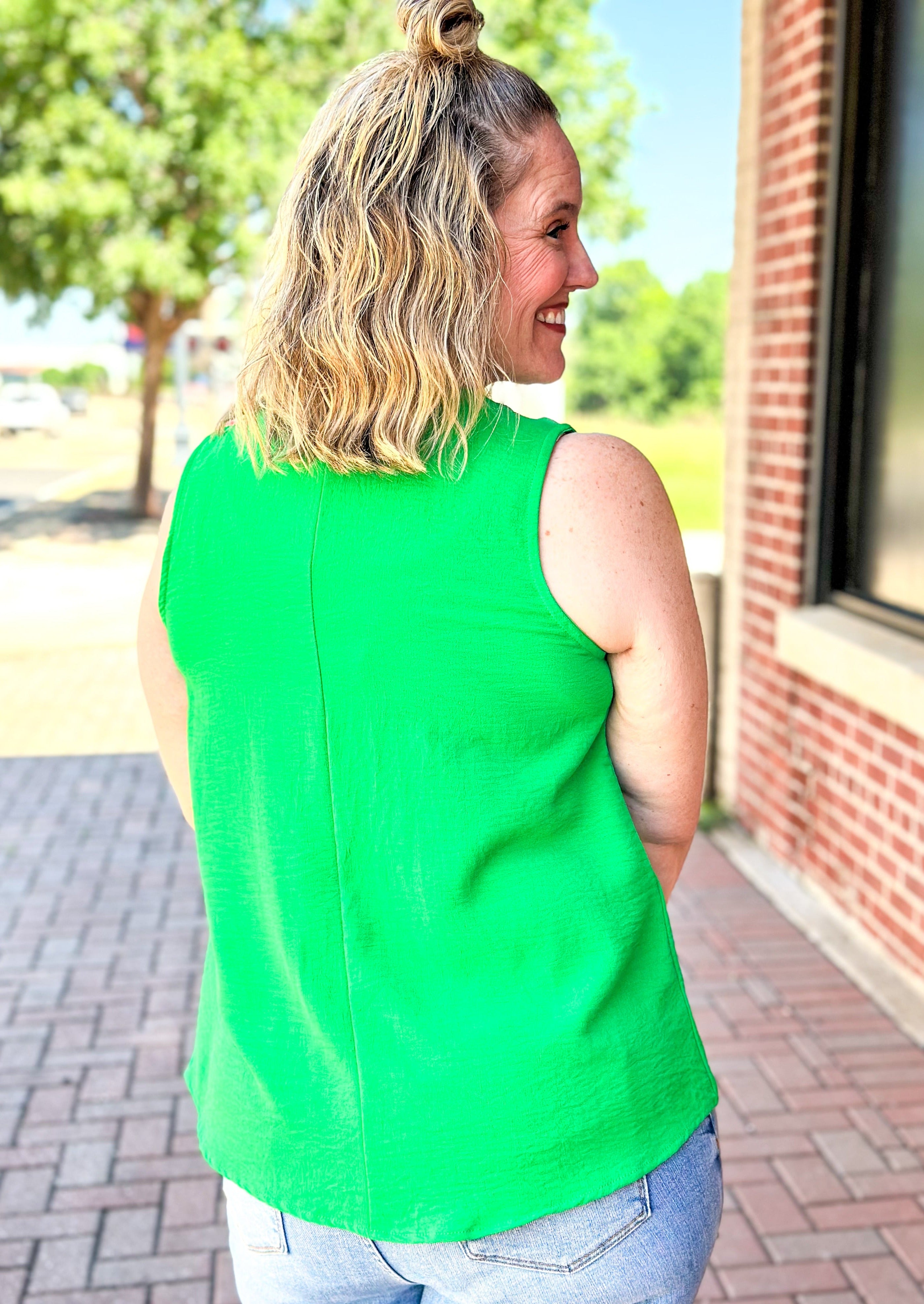 sleeveless airflow top in  green - v-neck 