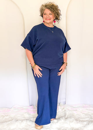 Two piece ribbed outfit in Navy featuring boxy top and wide leg pants