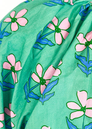 green floral v-neck top with puff short sleeves