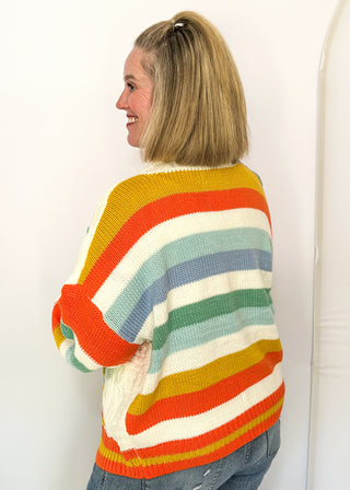 side view of woman modeling a colorful sweater cardigan