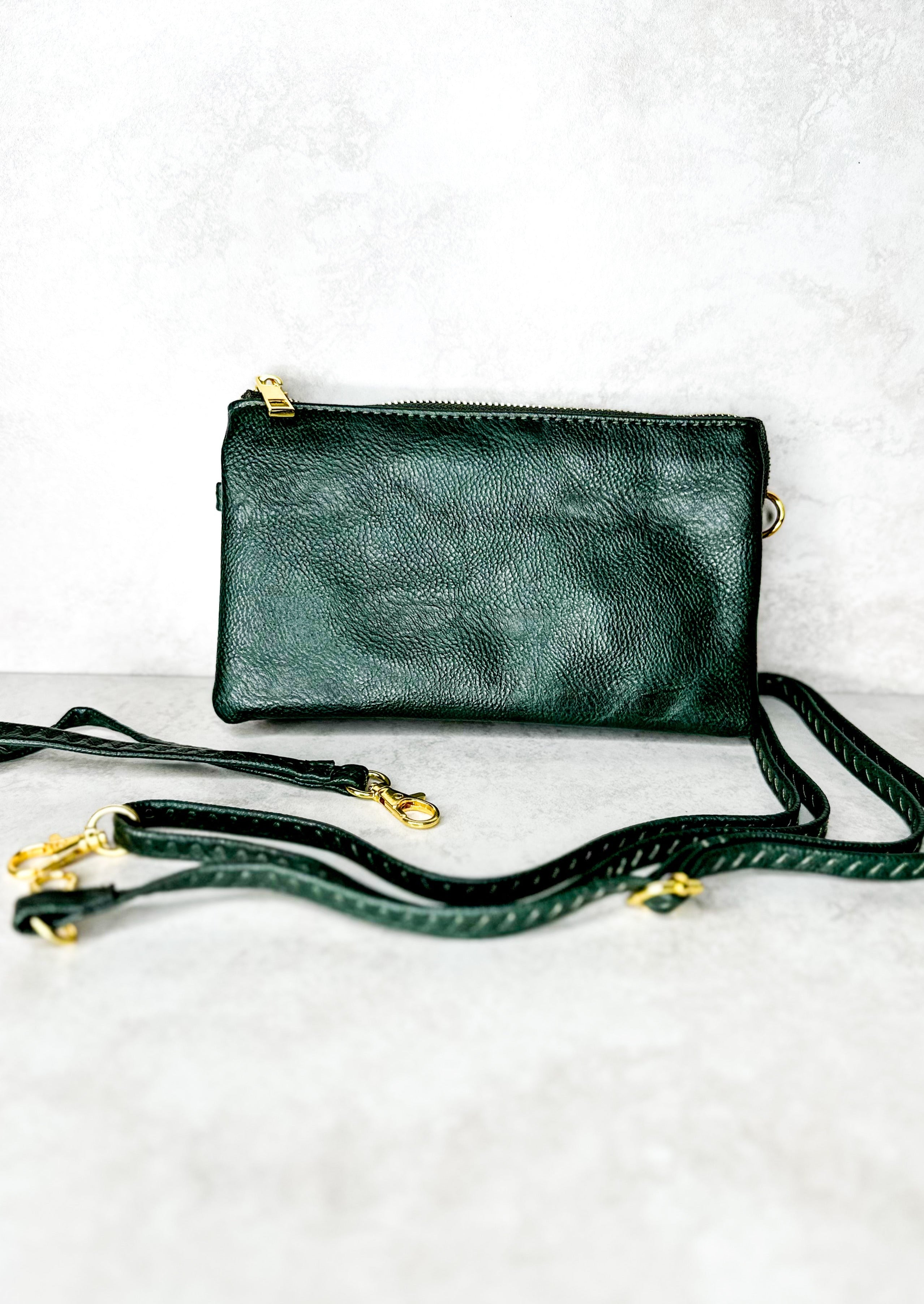 Crossbody bag with zipper, gold hardware, pockets inside, comes with wrist strap and shoulder strap, both straps removable - dark green