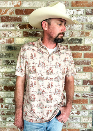 men's polo shirt with cowboy printed pictures all over it