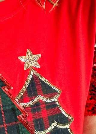 Red shirt with plaid Christmas tree design and sequin details
