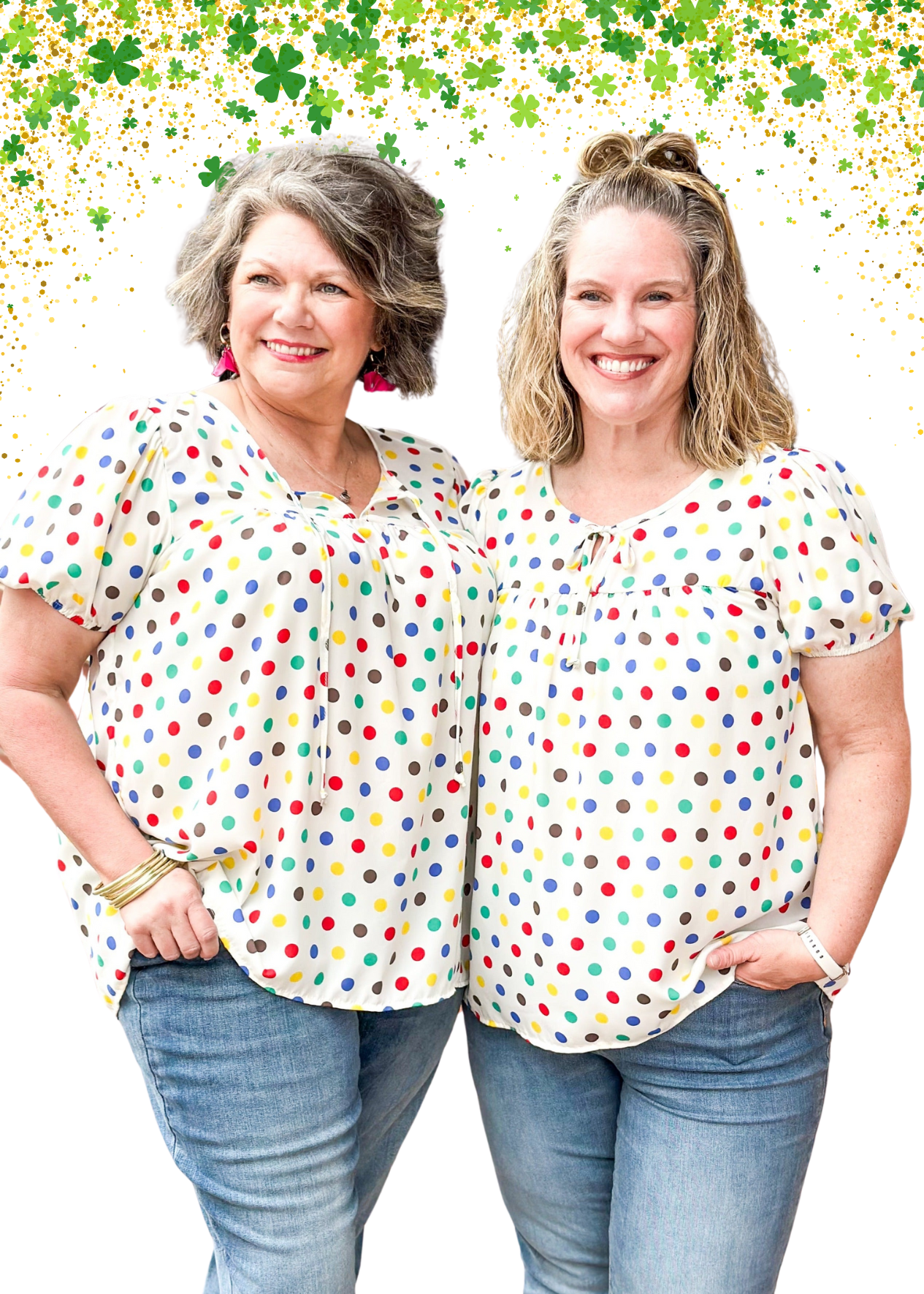 Polka dot print on off white short sleeve top - dots are black, yellow, red, blue and green - tie neck