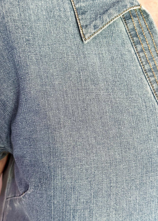 Close-up of blue denim fabric with stitching detail
