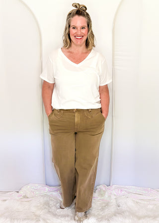 Judy Blue light brown wide-leg crop jeans featuring a high-rise waist, relaxed fit, and ankle-length hem.