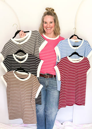 wide striped top with cuffed sleeves, and white banded rounded neckline in all color ways.