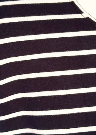 close up of wide striped top with cuffed sleeves, and white banded rounded neckline.