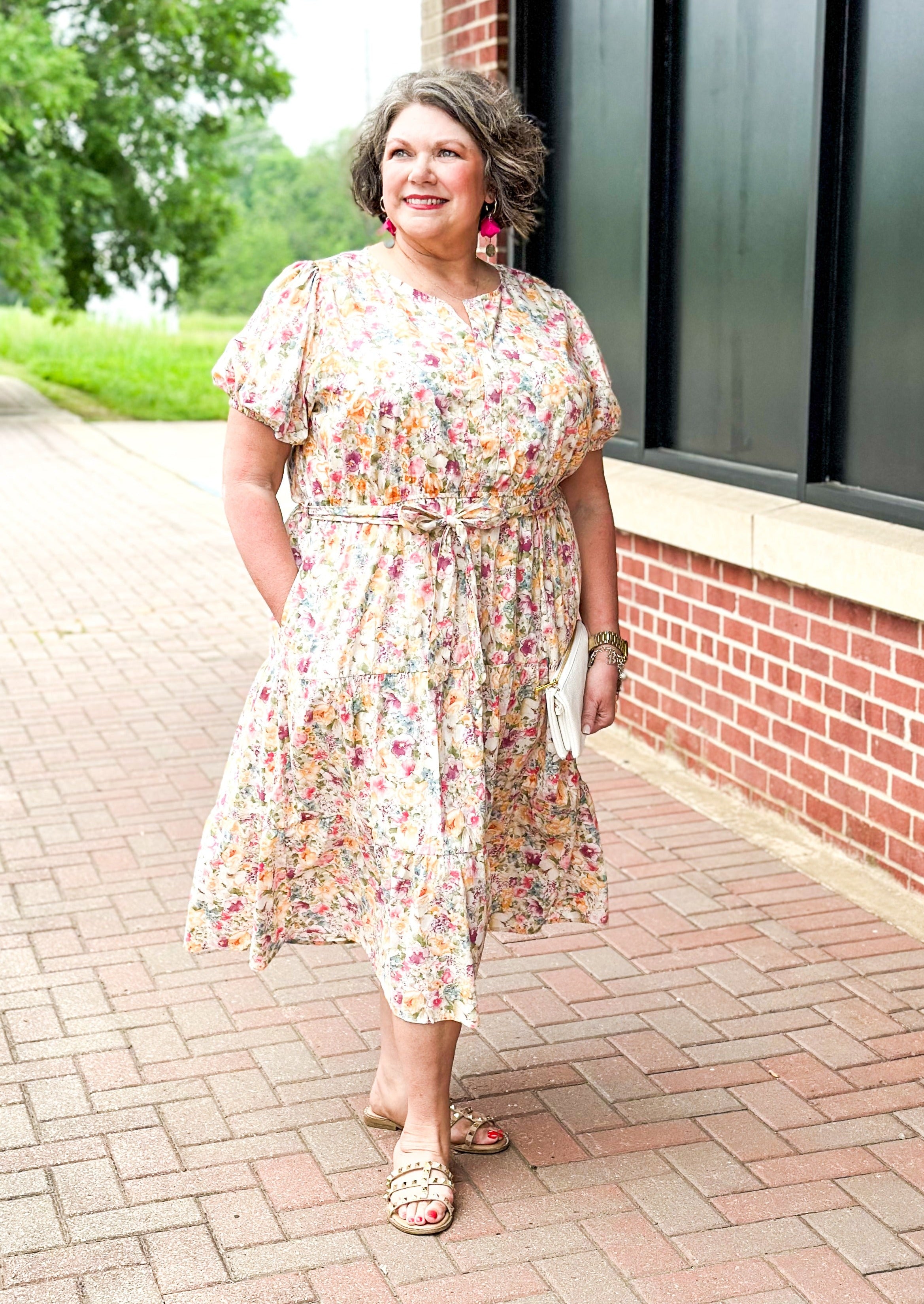 Belted floral midi dress - puff sleeve - v neck - lined from the waist down
