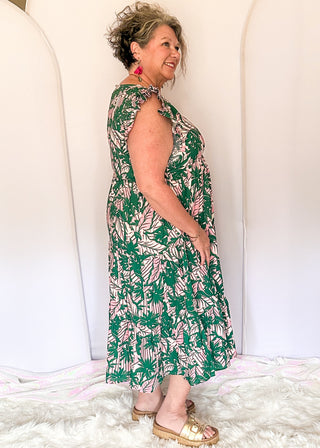 Ruffle sleeve midi dress with pink and green tropical leaves