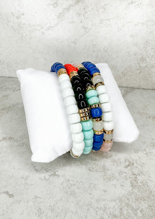 Blue, Black, White and Orange Beaded Bracelet - 4 Strand