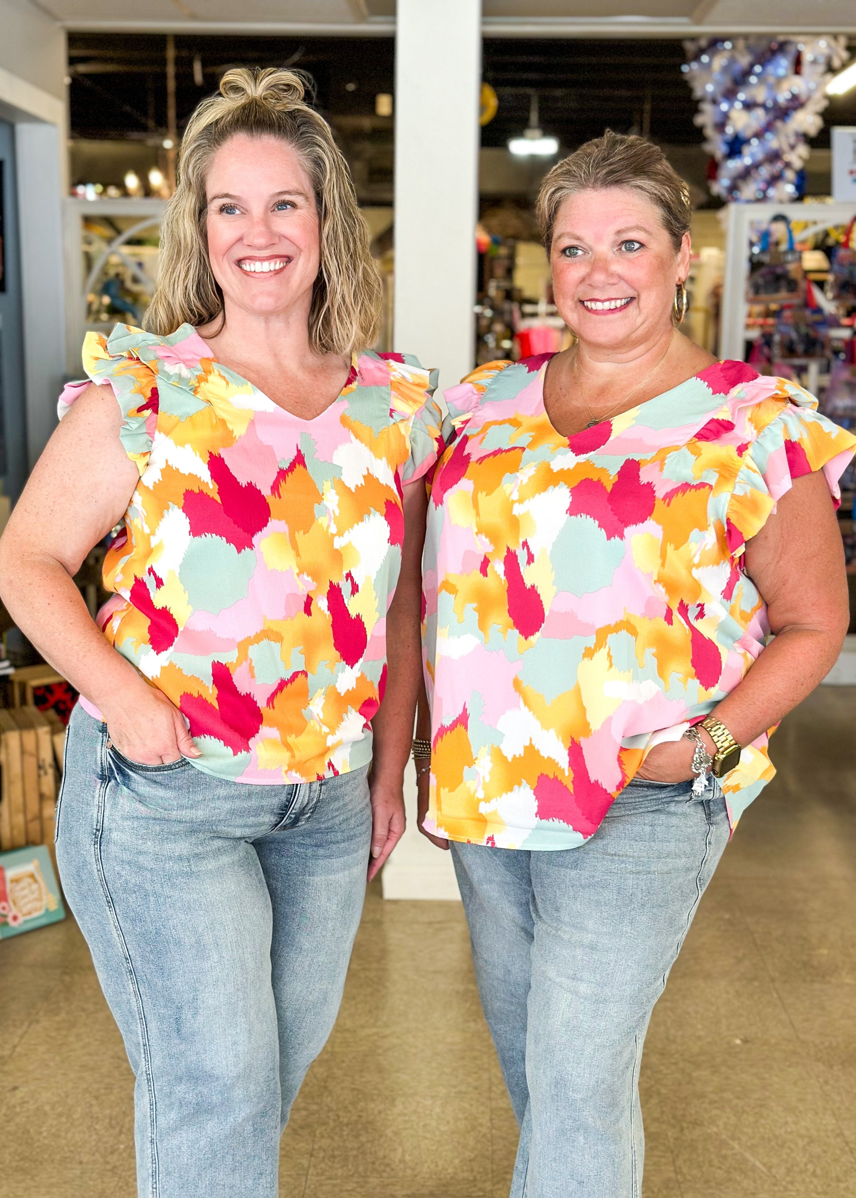 double ruffle short sleeve v-neck top - color splash in light pink, fuschia, mint green, orange and white