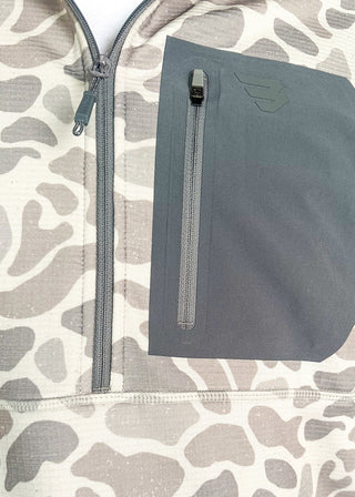 Close up of Burlebo Blaze Tech 1/4 zip camo