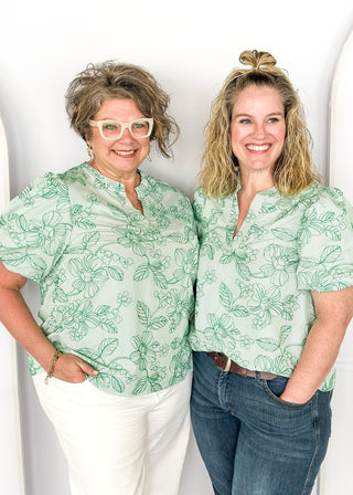 floral embroidered short puff sleeve top - v-neck -green