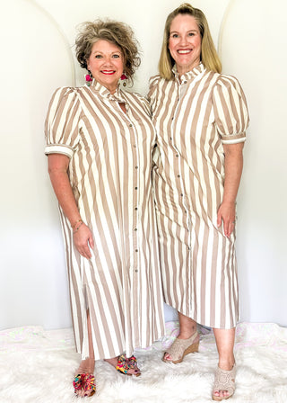Vertical stripe midi dress with puff sleeves and front buttons