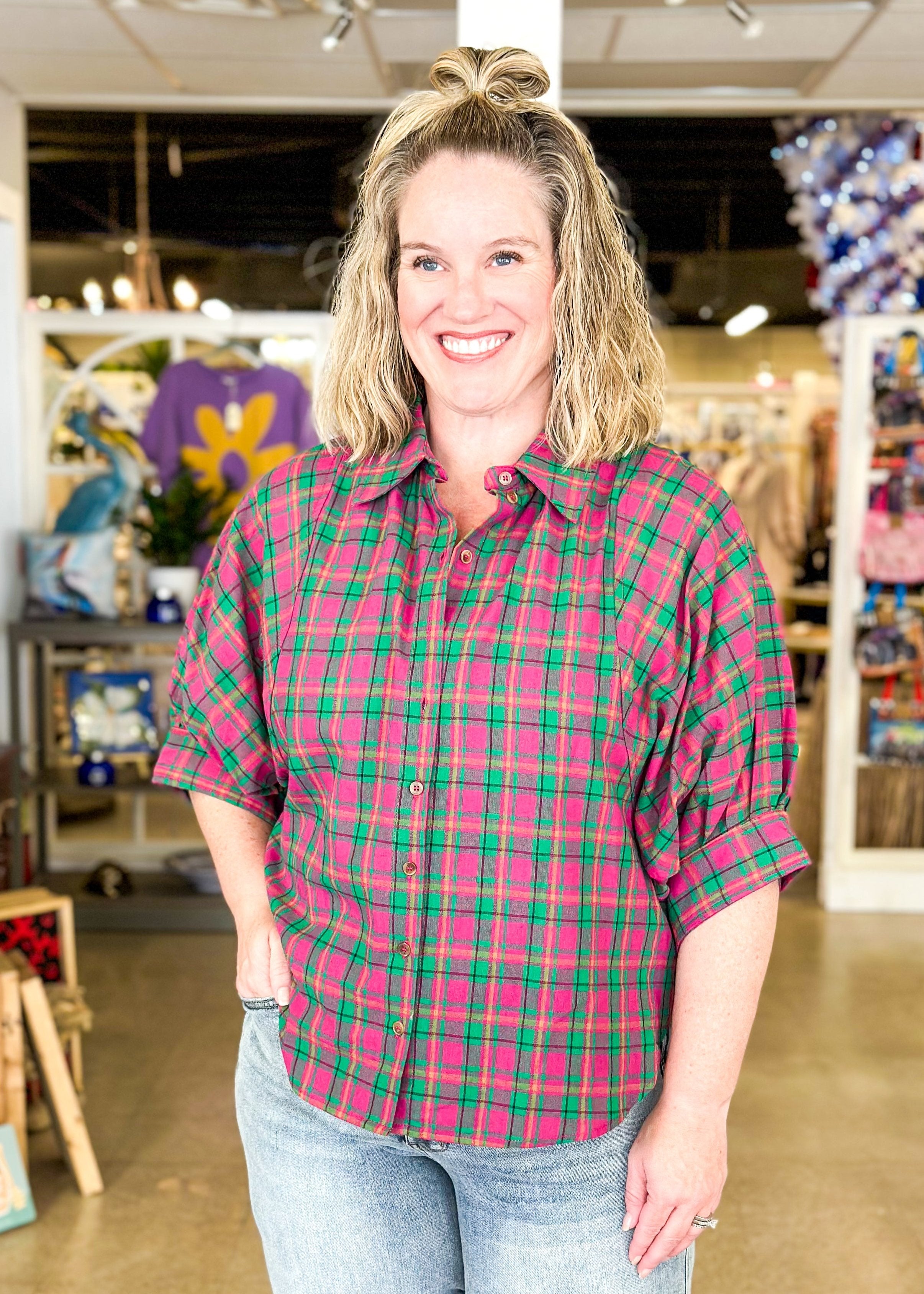 plaid button up top with wide sleeve and cuff, collar, magenta and green plaid