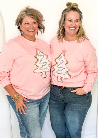 Light pink long sleeve top with sequin Christmas tree appliqué and beaded sleeve accents