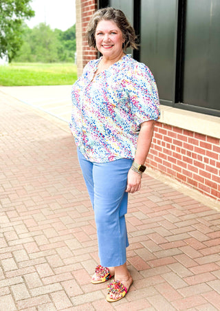 judy blue high rise tummy control wide leg crop jean in sky blue with an unfinished hem