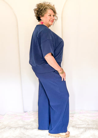 Two piece ribbed outfit in Navy featuring boxy top and wide leg pants
