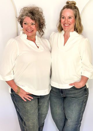 Women's ruffle collar blouse with 3/4 sleeve- in off white