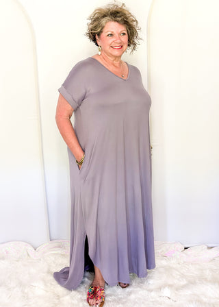 Casual ultra soft maxi dress with relaxed silhouette and pockets.
