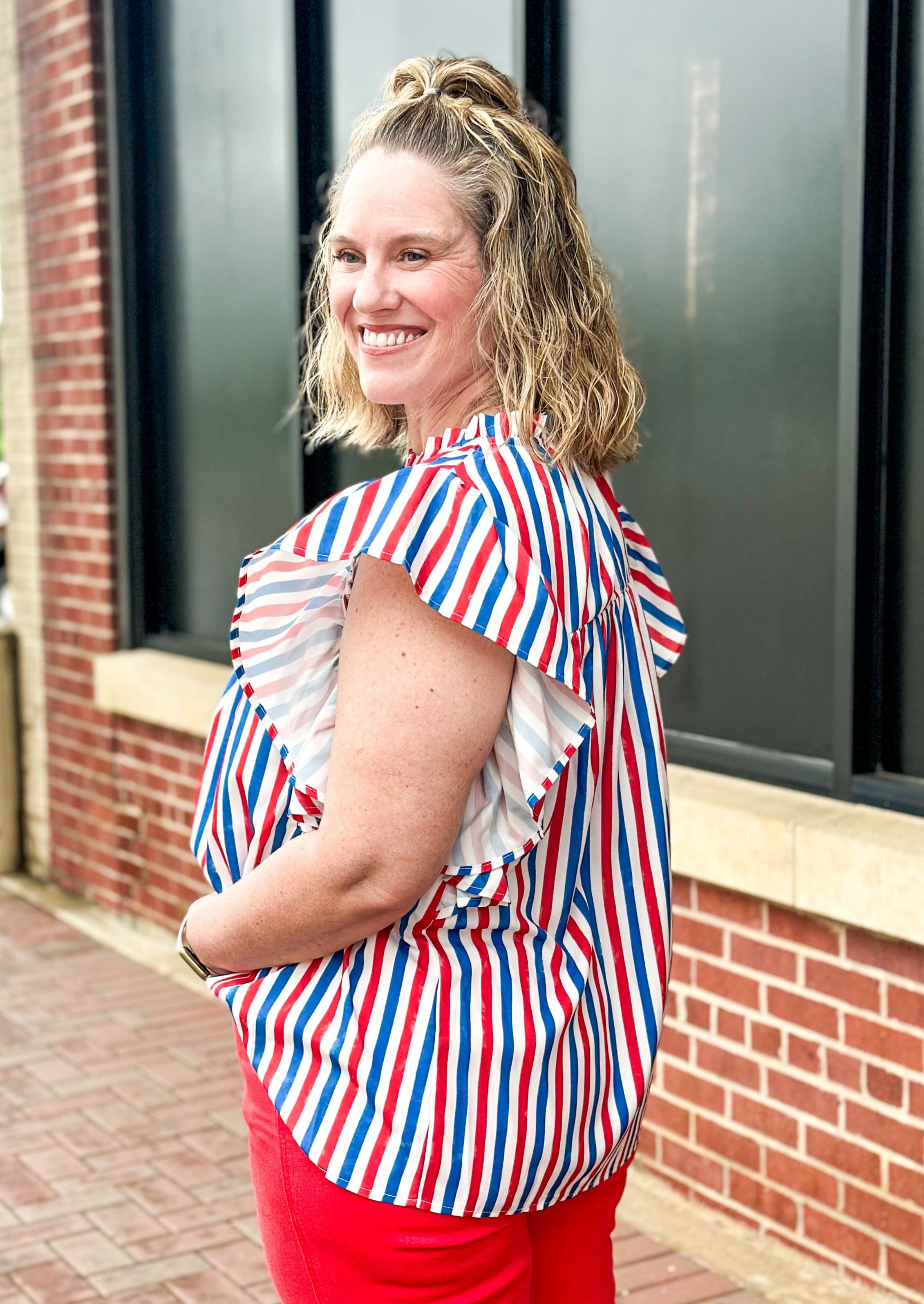 red, white and blue striped flutter sleeve top with smocking up top, ruffle round neckline and on top of bust - light and flowy