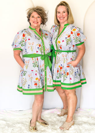 Button up floral dress with contrast trim and belt, short sleeves